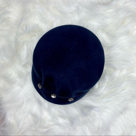 VINTAGE Swingin 60s GoGo Girl Rhinestone Cabby Cap Deep Blue Felt Hat Mod - Picture 2 of 6